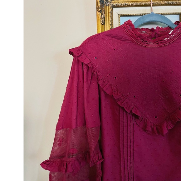 ANTHROPOLOGIE NWT Forever That Girl Burgundy Quilted Ruffle Frill Eyelet Blouse - Picture 4 of 11